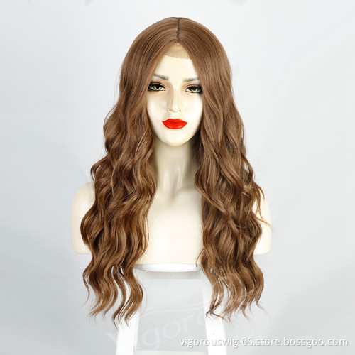 Vigorous Long Blonde Body Wave Full Synthetic Lace Wigs for Black Women Middle Part Ombre Dark Root Heat Resistant Fiber Wig
